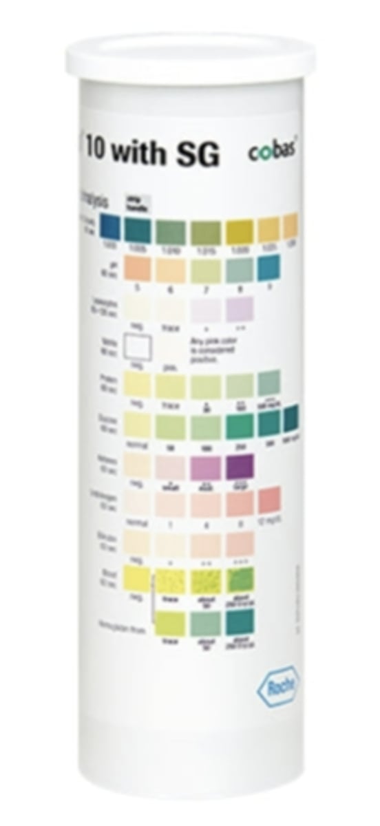 <p>Reagent strip pad impregnated with polyelectrolyte and pH indicator at an alkaline pH, when strip immersed in urine, protons released from polyelectrolyte in proportion to ionic concentration, released protons change pH of test pad, resulting in a color change of pad</p>