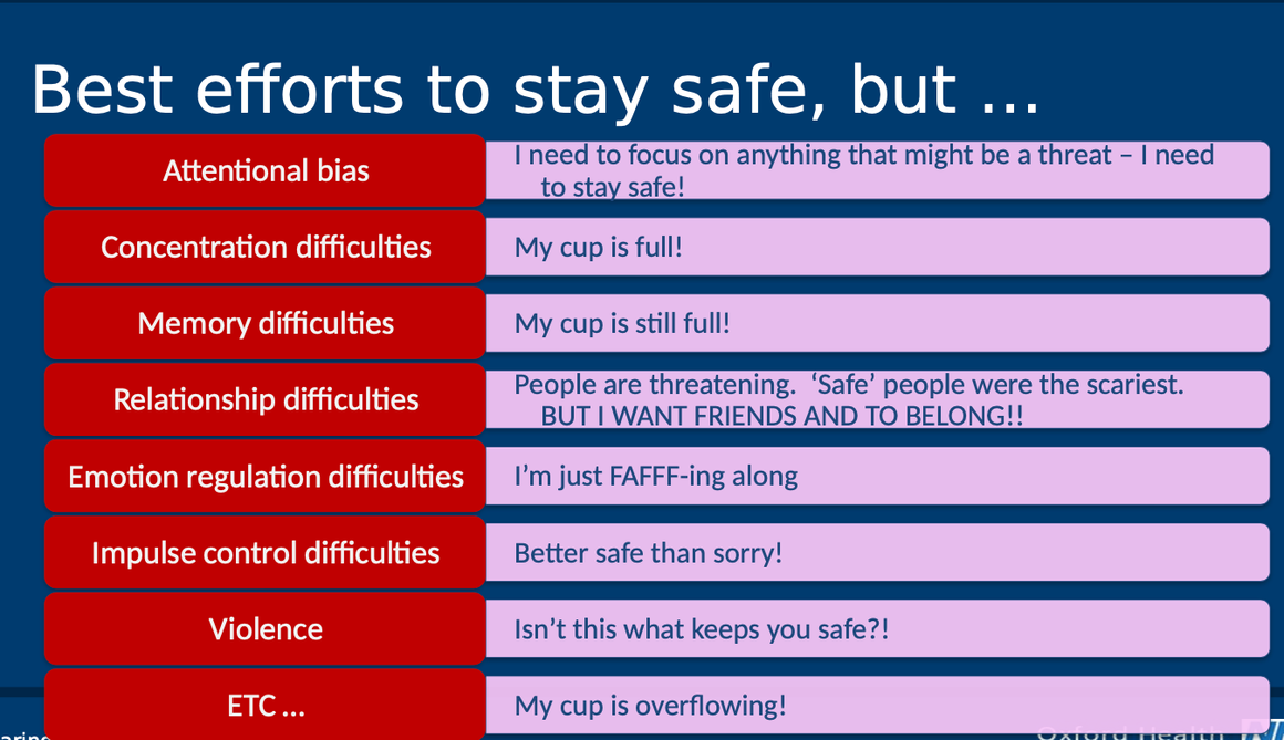 <ul><li><p>attentional bias toward threat</p></li><li><p>concentration difficulties</p></li><li><p>memory difficulties</p></li><li><p>relationship difficulties: people are scary, even safe people</p></li><li><p>emotional regulation difficulties: using FAFFF</p></li><li><p>impulse control difficulties: better safe than sorry</p></li></ul>