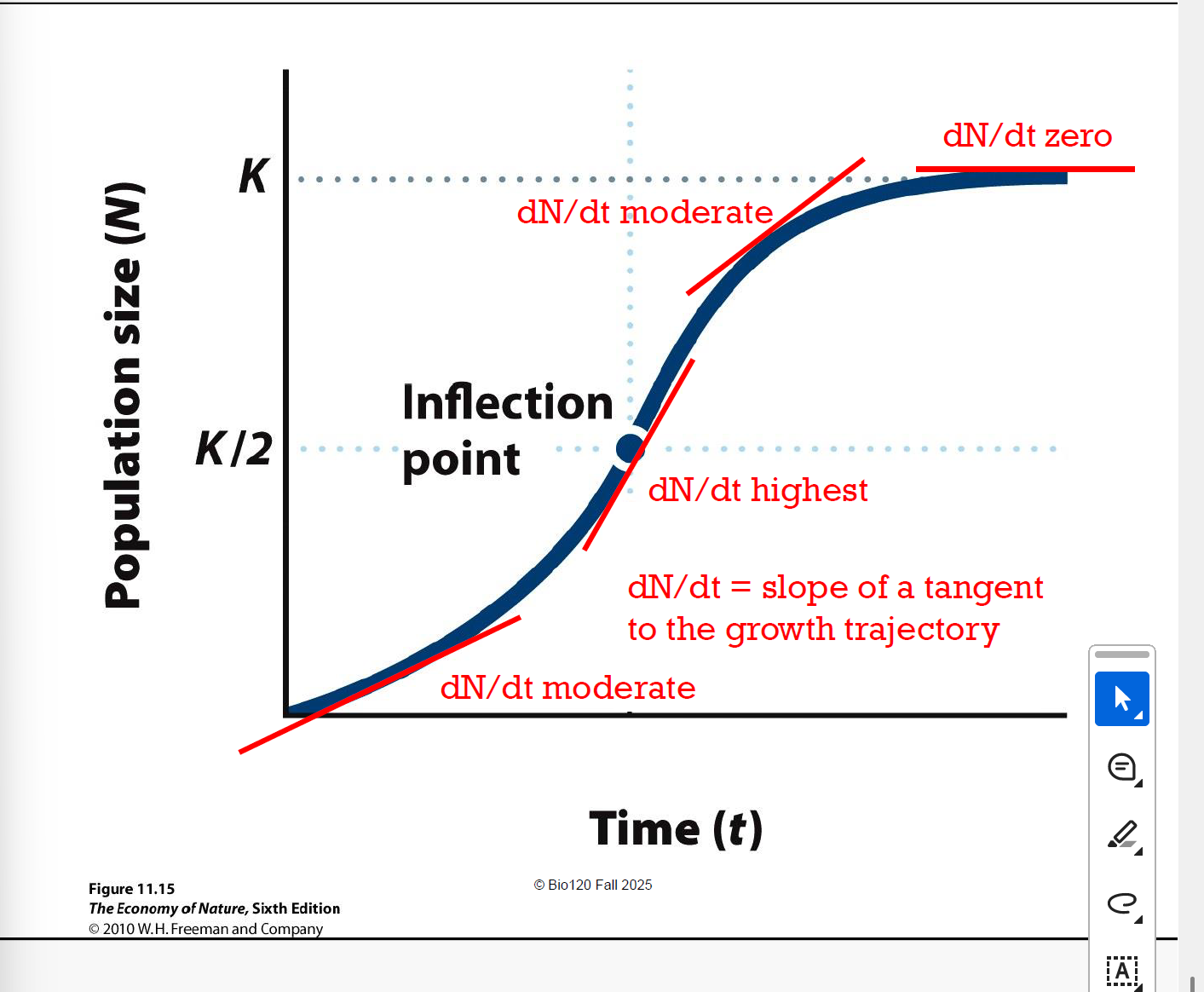 <p>=maximum growth rate，过点后由加速变减速。</p><p>dN/dT=0时停止增长，K点。</p>