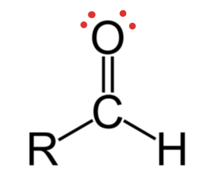 <p>Structural Formula: a carbon atom double-bonded to an oxygen atom (C=O) and bonded to a hydrogen (found at the end of a carbon chain)</p><p>Properties: polar —> boiling points and solubility.</p><p>Examples: Formaldehyde (methanal), vanillin, sugars</p>