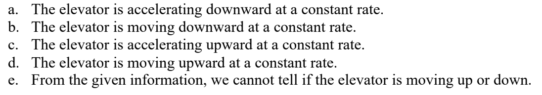 <p>When a 45-kg person steps on a scale in an elevator, the scale reads a steady 480 N. Which of the following statements must be true? (There could be more than one correct choice.)</p>