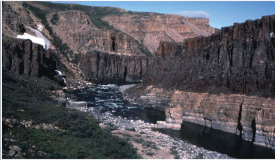 <p>A: the dark coloured rock layer in this photo is a sill made of gabbro </p><ul><li><p>in upper Brock River Canyon</p></li></ul>