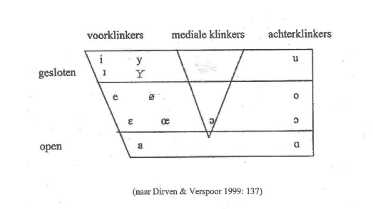 <ul><li><p>De voorklinkers zijn [i, , e,ɪε, a]. Een voorbeeld is dan dus de [i] in ‘niet’.</p></li><li><p>De achterklinkers zijn[u, o, , ]. Een voorbeeld is dan dus de [o] in ‘boom’.ɔ ɑ</p></li><li><p>Er is één mediaal. Dat is de [ ]. Een voorbeeld daarvan is [ ] in ‘de’.</p></li></ul>