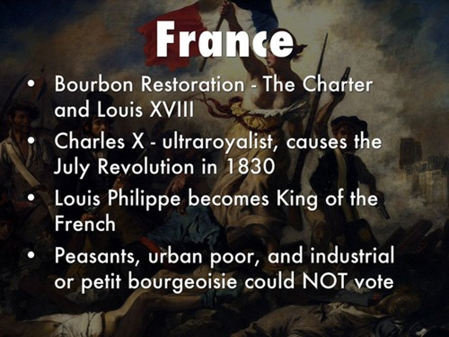 <p>The result from the French people when King Charles X limited freedoms and cracked down on descent. The result was his loss of power and removal from the throne.</p>