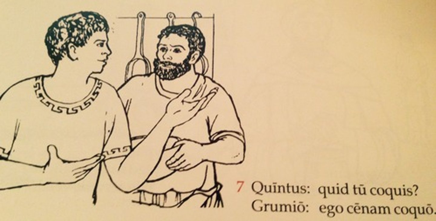 <p>Quīntus: What are you cooking?</p><p>Grumio: I am cooking dinner.</p>
