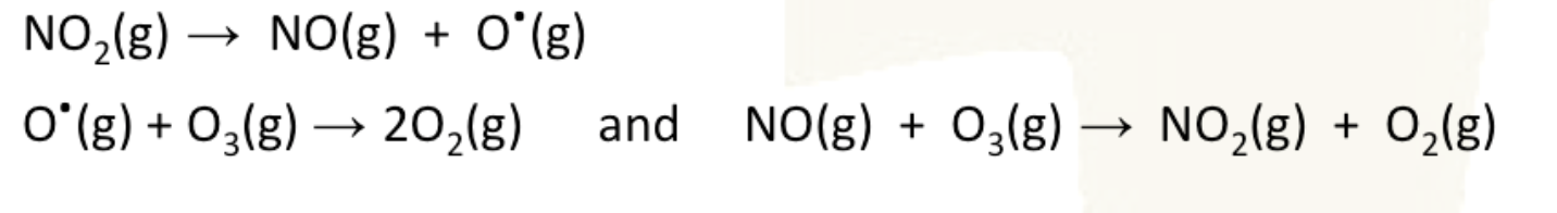 <p>both oxygen radical and nitrogen monoxide can decompose O3. the reaction with NO regenerates the catalyst </p>