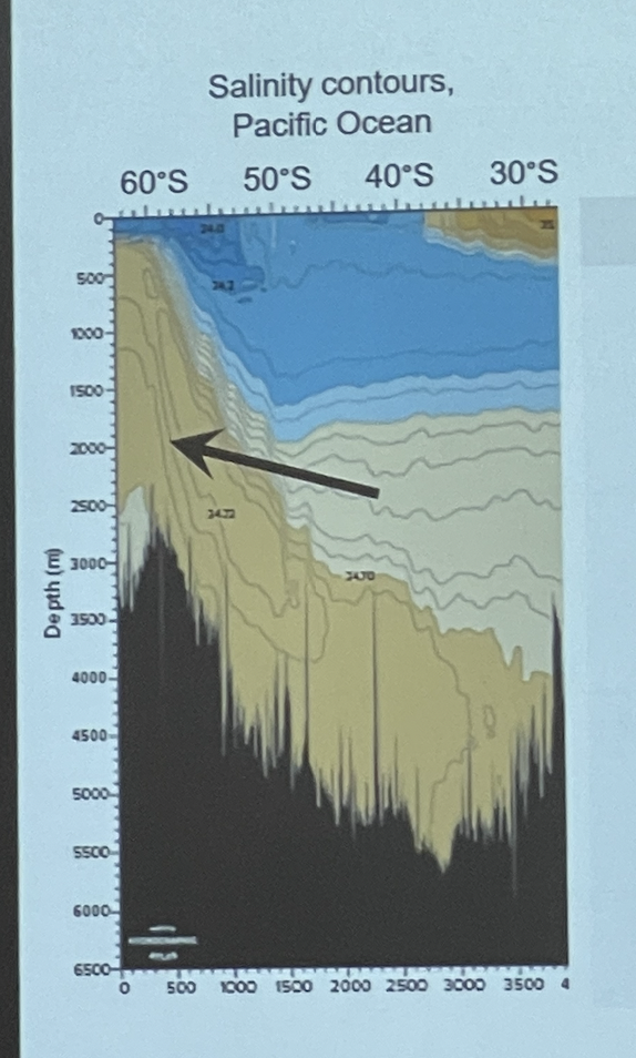 What is happening to ocean water at the location identified by the arrow 