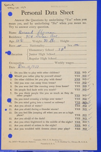 <p>The first formal personality test, designed to screen WWI soldiers for "shell shock" (emotional instability)</p>