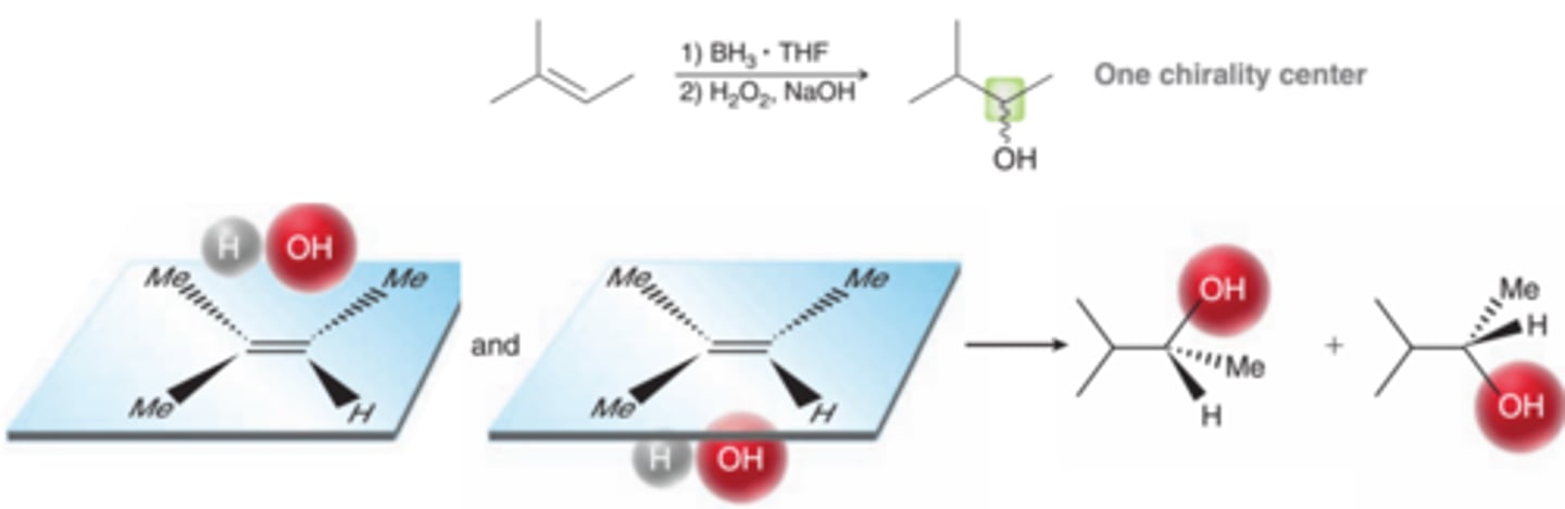 <p>Now consider the stereochemical outcome in a case where one chirality center is formed(1st example in image). In this case, both enantiomers are obtained, because syn addition can take place from either face of the alkene with equal likelihood(2nd example in image)</p>