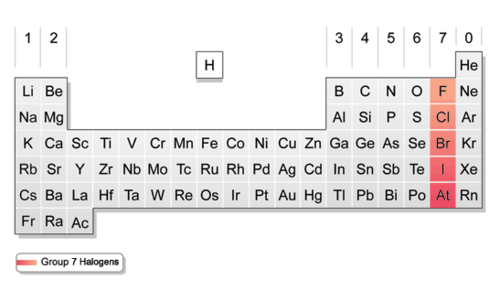 Contains nonmetals, 7 valence electrons in it's outermost energy level. Very reactive