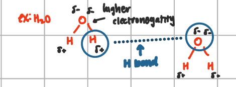 <p>exists between the positively charged H+ atom of one molecules &amp; a highly electronegative atom such as O, N, or F atom of another (two molecules needed)</p>