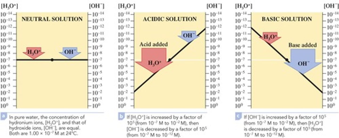 <p>[H3O+] = [OH-]; neutral solution, [H3O+] &gt; [OH-]; acidic solution, [H3O+] &lt; [OH-]; basic solution.</p>