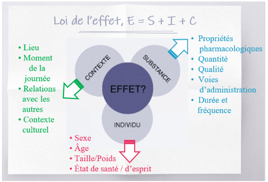 <ul><li><p>Effet après consommation de substances = modulé par plusieurs facteurs (voir image)</p></li><li><p>Effet = Contexte + Individu + Substance</p><ul><li><p>Contexte : </p><ul><li><p>Lieu</p></li><li><p>Moment de la journée</p></li><li><p>Relations avec les autres</p></li><li><p>Contexte culturel</p></li></ul></li><li><p>Individu : </p><ul><li><p>Sexe</p></li><li><p>Âge </p></li><li><p>Taille/poids</p></li><li><p>État de santé/d’esprit</p></li></ul></li><li><p>Substance : </p><ul><li><p>Propriétés pharmacologiques</p></li><li><p>Quantité</p></li><li><p>Qualité</p></li><li><p>Voies d’administration</p></li><li><p>Durée et fréquence </p></li></ul></li></ul></li></ul><p></p>