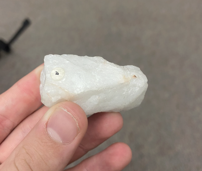 <p>Rougher, shiny, Whitest rock, <strong>Pottery and paints,</strong> Pinkish spots</p>