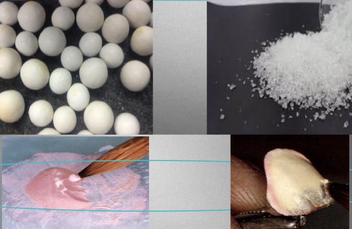 <p><strong>Heat</strong> at high temp to<strong> form glassy mass</strong></p><p><strong>Quench</strong> in water to <strong>cool</strong> rapidly- mass <strong>fractures</strong> into small fragments- <strong>frit-</strong> repeat until desired particle size achieved</p><p><strong>Wetting process</strong>- is powder and water/water based glycerin liquid</p>