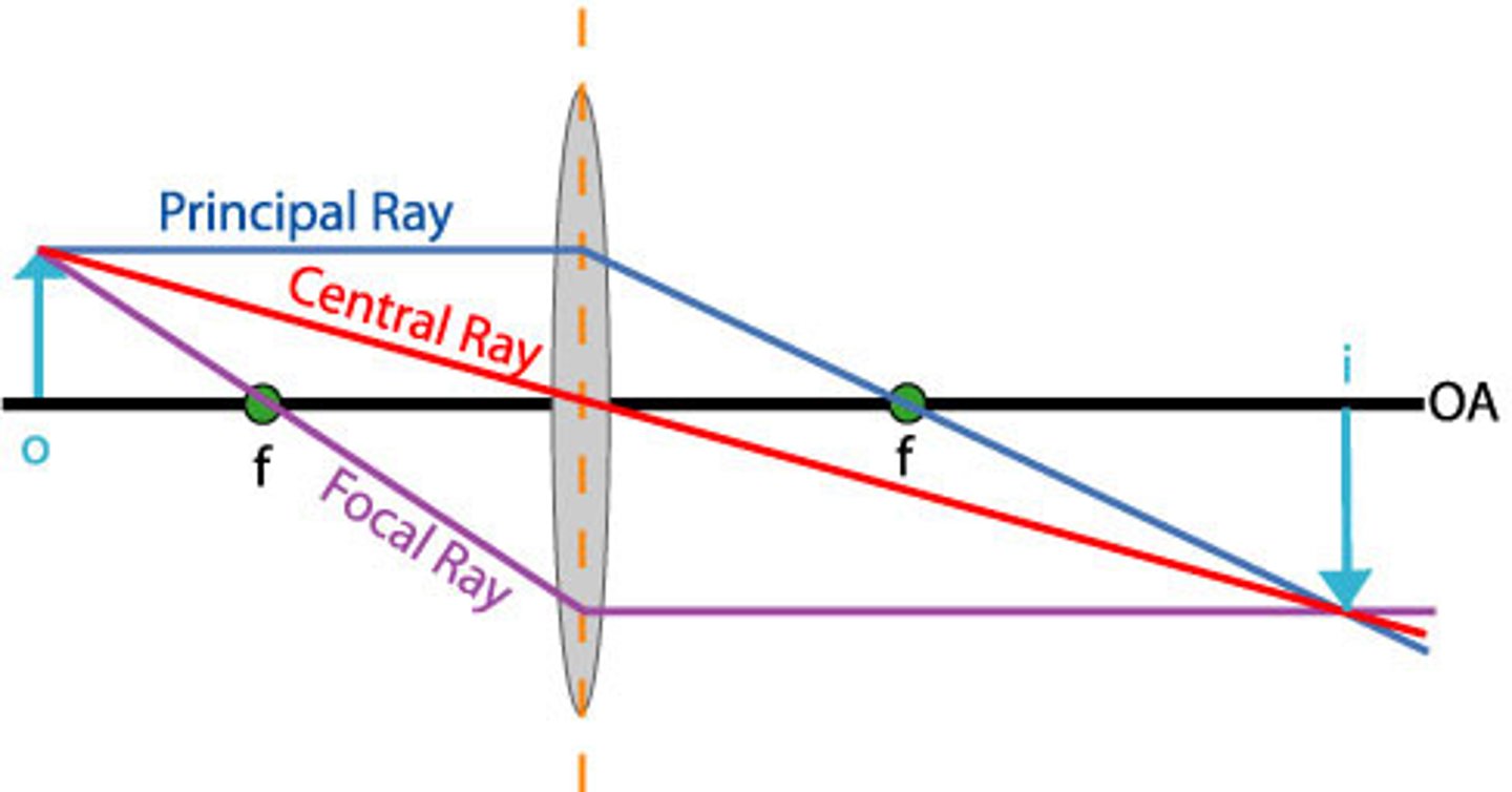 <p>a diagram showing rays that can be drawn to determine the size and location of an image formed by a mirror or lens</p>