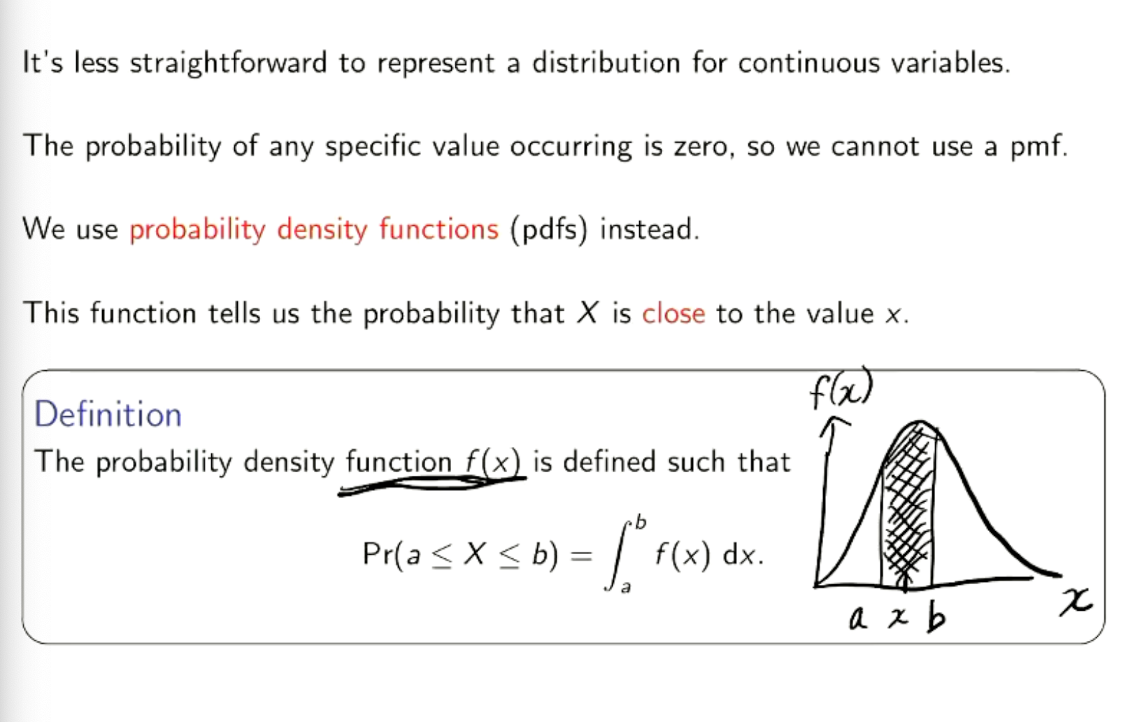 <p>Mean is integral from - infinity to infinity x*f(x)<br><br>Var is integral infinity (x-u)²*f(x)</p>