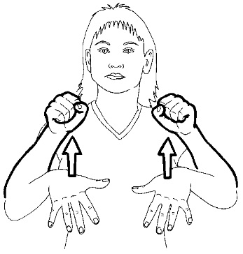 <p>With both hands hanging lose in front of your lower chest, pull them upwards into &quot;A&quot; signs at your upper chest</p>