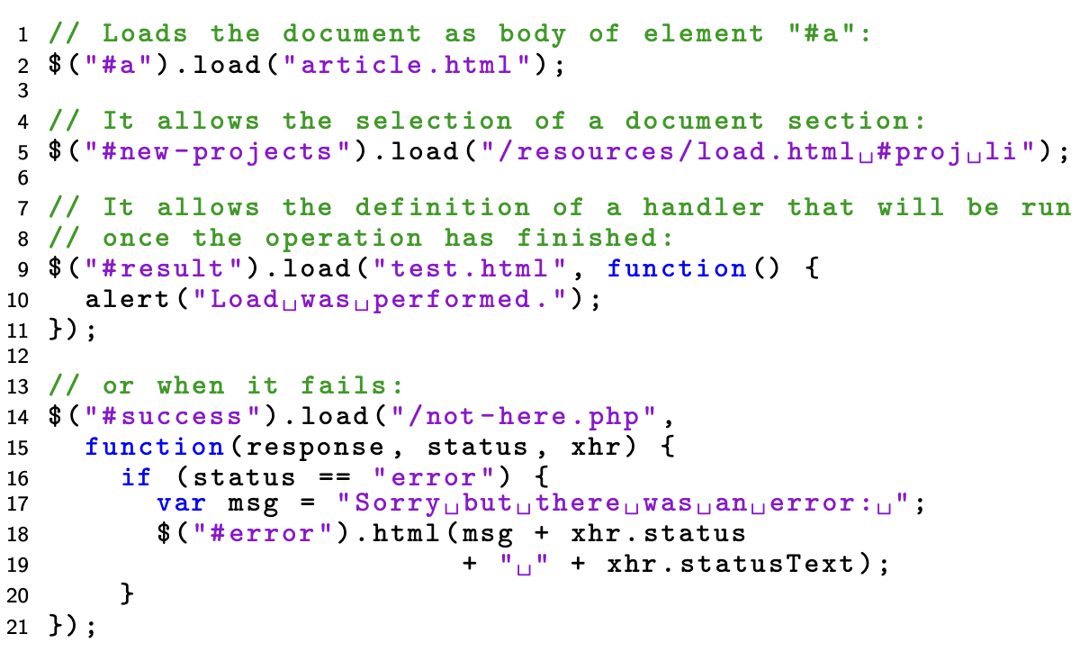 <ul><li><p>it can be used to select and load elements of a document</p></li><li><p>it can be used to select and load a section of a document</p></li><li><p>we can define a function that will be run when the load operation has finished</p><ul><li><p>error functions for when a selection fails can be customized</p></li></ul></li></ul>