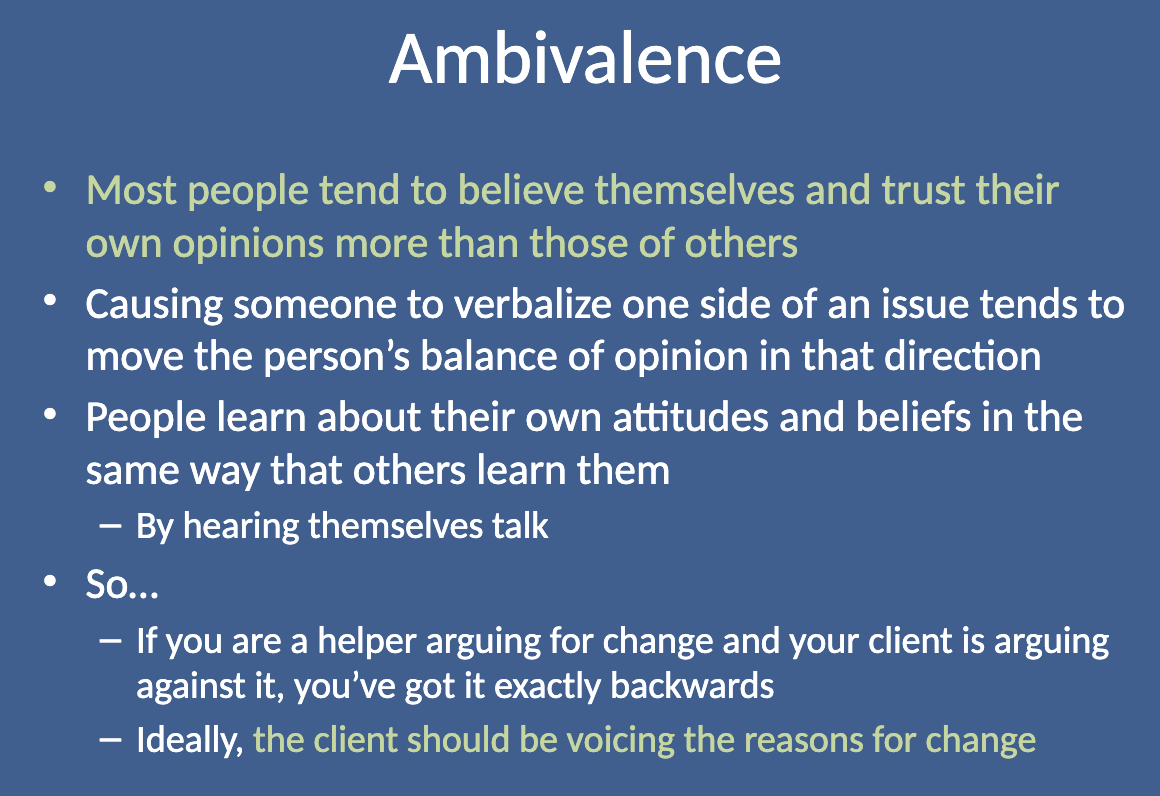 <p>Ideally,<strong> the client should be voicing the reasons for change themselves</strong>. This helps move the person toward change, as they are more likely to trust their own reasons and decisions.</p>