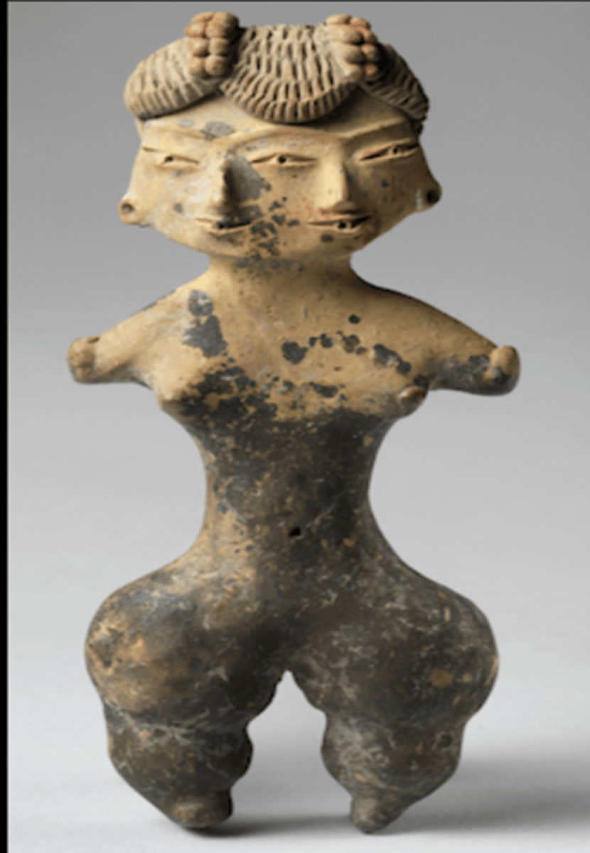 <p>ceramic traces w/ pigment, a female figure bifurcated (divided down the middle), duality, unknown but may be linked to rituals involving birth/death/regeneration, titalico means "place of hidden things", many of the figurines represent aspects of daily life</p>