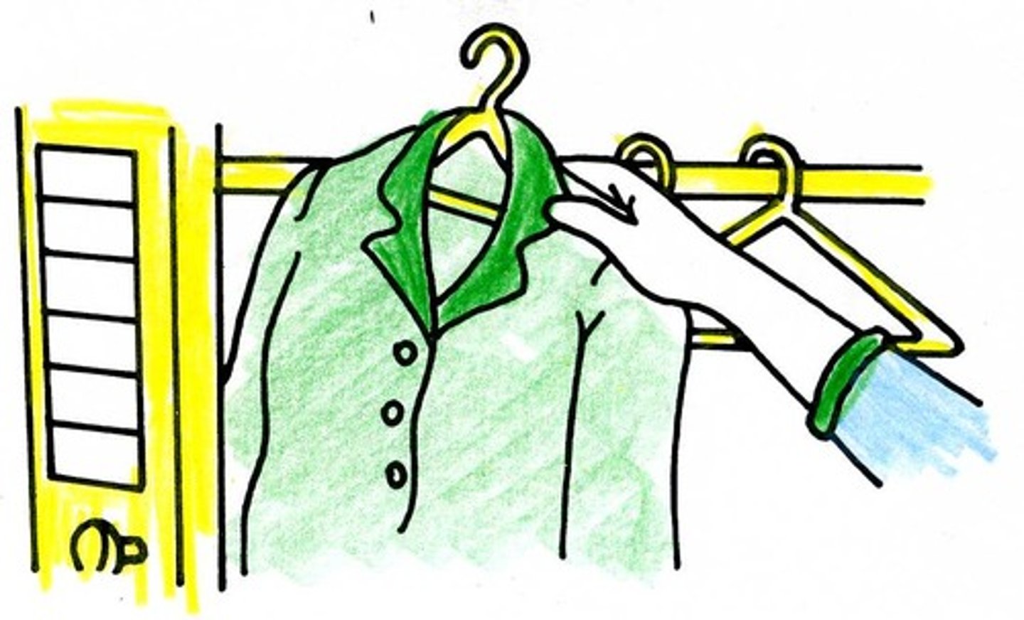 <p>put the clothing on a hanger</p><p>She took her coat off and hung it _____.</p>