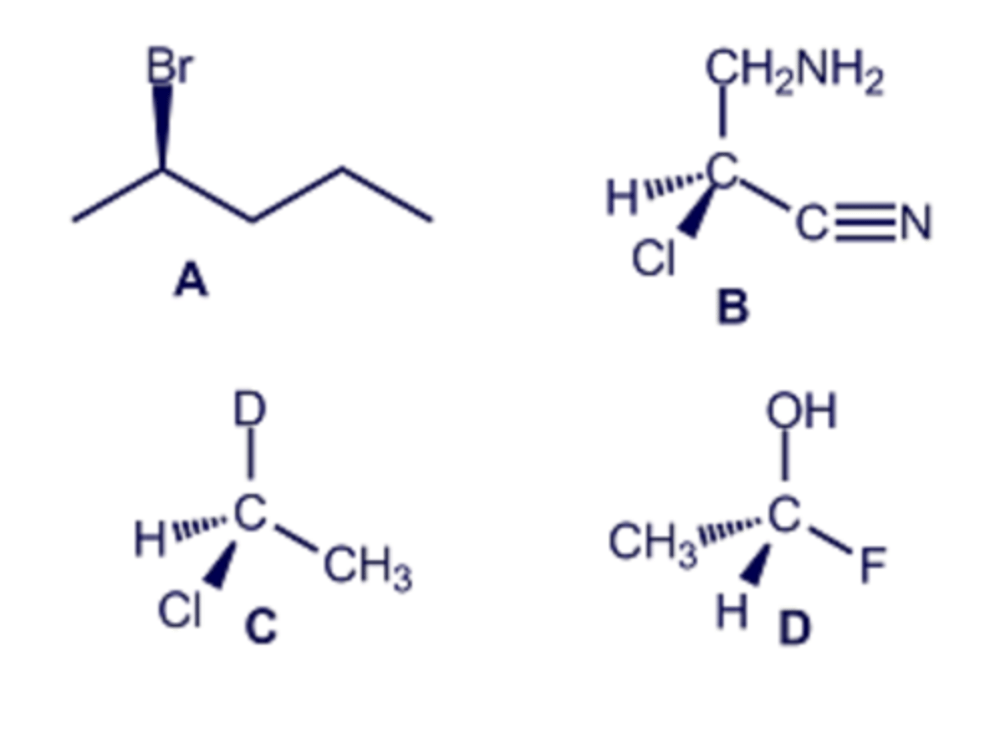 <p>Consider the structures shown in the diagram. Which of these molecules contain a stereogenic center with the R configuration?</p>