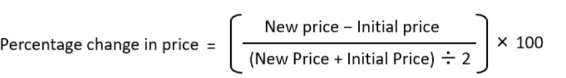 <p>percentage change in price and qd<br>(new-initial/(new + initial)/2)*100</p>