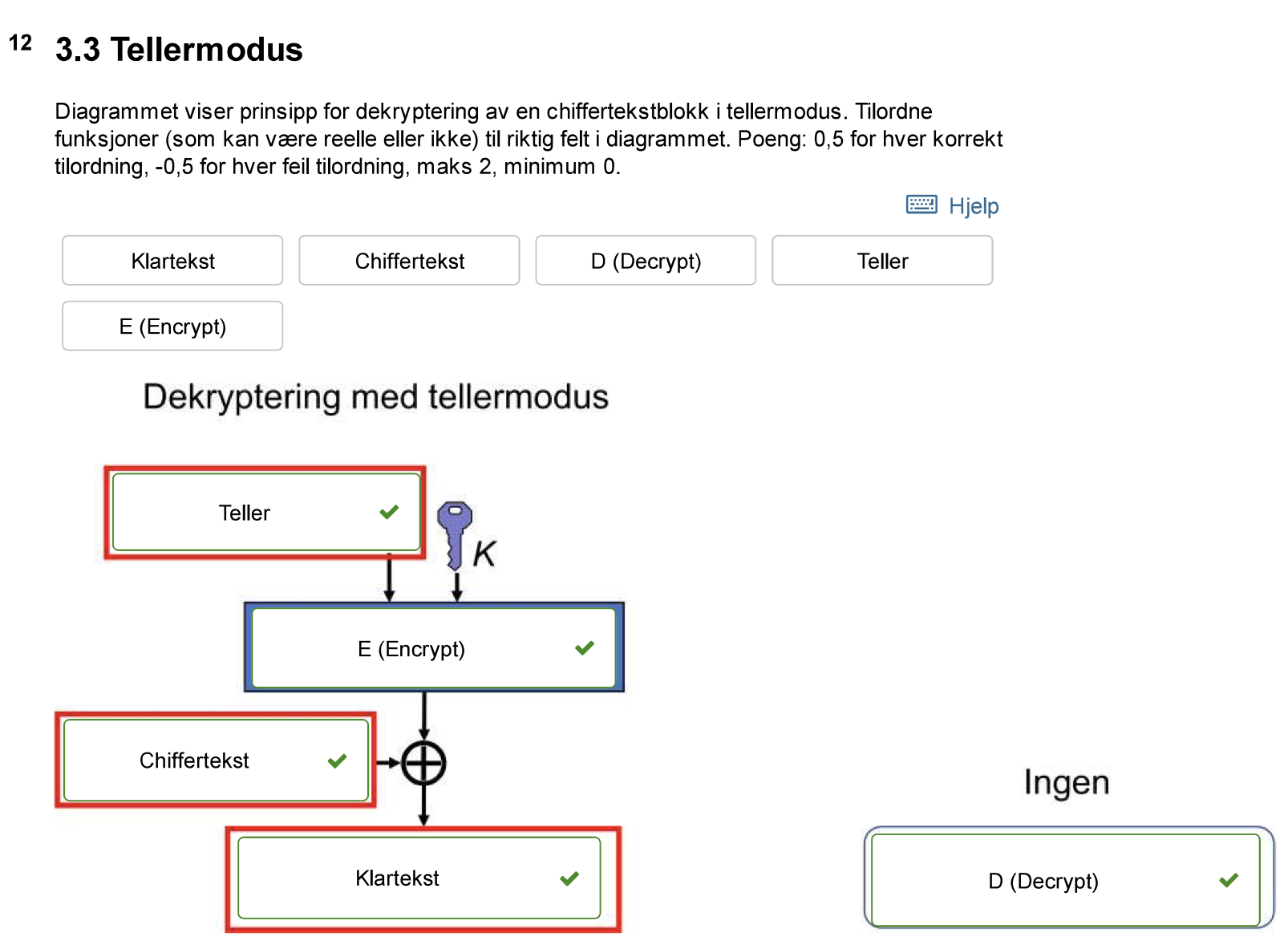 <p>Rekkefølgen for å dekryptere i tellermodus</p><p>For å dekryptere en chiffertekstblokk i tellermodus, må du følge denne rekkefølgen:</p><p>1.</p><p><span><strong>Teller (T):</strong></span> Hver chiffertekstblokk har en tilhørende tellerverdi. Denne telleren øker for hver blokk.</p><p>2.</p><p><span><strong>Kryptering (E):</strong></span> Bruk den samme krypteringsfunksjonen (E) og hemmelige nøkkelen (K) som ble brukt til kryptering for å kryptere tellerverdien (T).</p><p>3.</p><p><span><strong>Chiffertekst (C):</strong></span> Hent chiffertekstblokken som skal dekrypteres.</p><p>4.</p><p><span><strong>XOR (⊕):</strong></span> XOR den krypterte tellerverdien med chiffertekstblokken (C) for å få klartekstblokken (M). Denne XOR-operasjonen reverserer krypteringen som ble gjort under krypteringsprosessen.</p>
