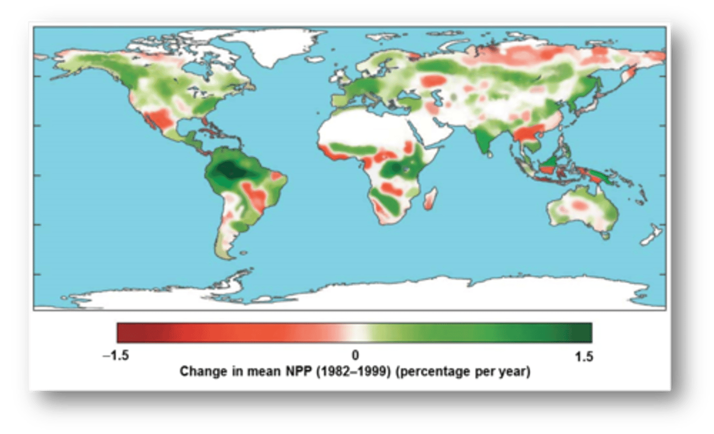 <p>the key ecosystem processes of net primary productivity (NPP)</p><p>-----------------</p><p>TERRESTRIAL NPP</p><p>- can be estimated from satellite-based measures of absorbed photosynthetically active radiation (APAR) over large land areas (can examine temporal and spatial changes)</p>