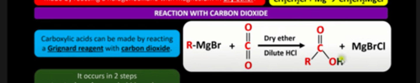 <p>organometallic compounds used to increase the chain length of a molecule by more than one carbon</p><p>- have the form RMgX</p><p>- made in situ by the reaction of Mg with halogenoalkanes (R-I)</p><p>- need dry ether</p>