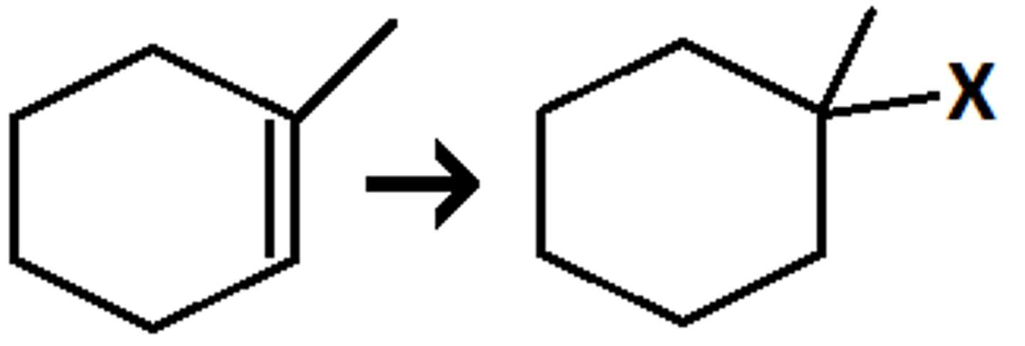 <p>(Requires a strong acid) - HCl, HBr, HI<br>Markovnikov<br>No stereochemical control (racemic mixture)<br>Attaches a hydrogen and a halogen</p>