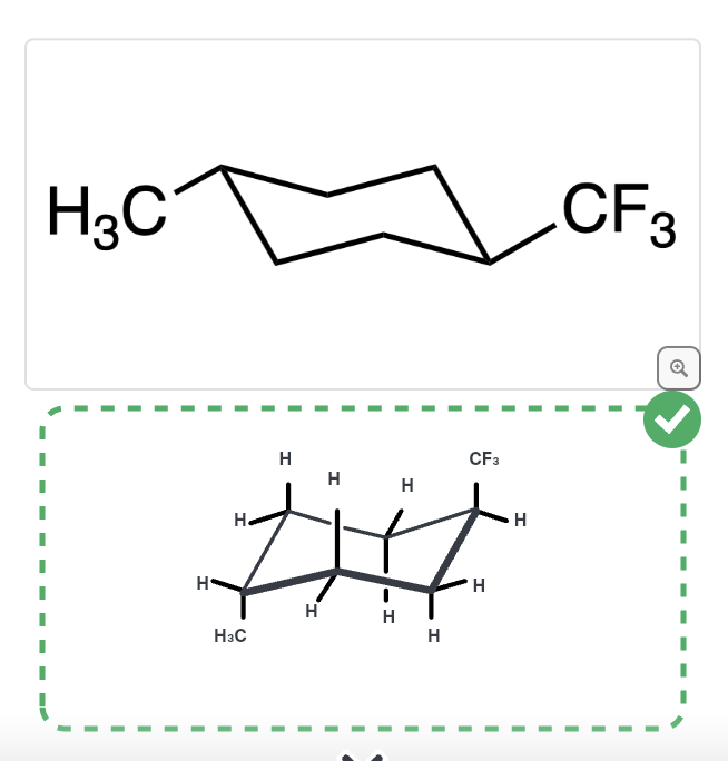 * chair inverts (over x axis)
* axial substituents become equatorial
* equatorial substituents become axial
* all substituents will maintain the direction they are facing (up stays up, down stays down)