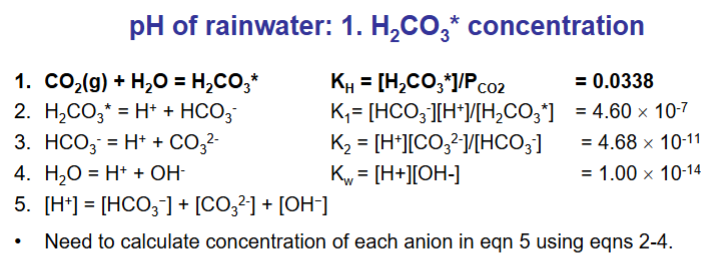 <p>How do we calculate the pH of rainwater? (answer over multiple flashcards)</p>
