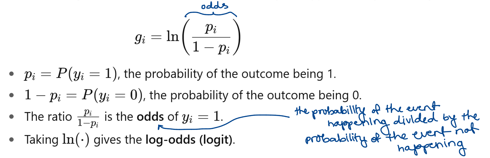 <p>The __________ is the natural log, ln(.), of the ratio of the probability that y_i = 1 to the probability that y_i = 0. </p><p>Ranges from ___ to ___, unlike p_i, which is bounded between ___ and ____.</p>