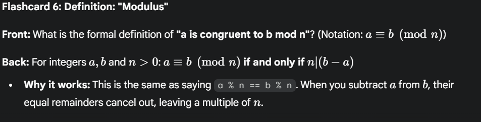 <p>What is the formal definition of <strong>"a is congruent to b mod n"</strong>? (Notation: a == b mod{n}</p>