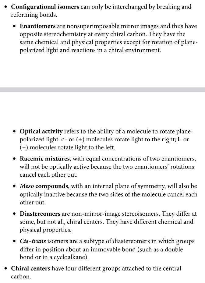 <p>-Enantiomers<br>-Diastereomers<br>-Optical activity<br>-Racemic mixtures<br>-<em>Meso</em> compounds<br>-<em>Cis-trans</em> (geometric) isomers<br>-D and L notation (p. 139)</p>
