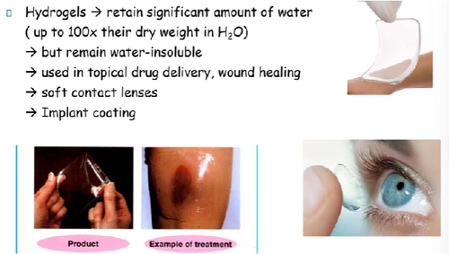 <p>- Wound healing.</p><p>- Soft contact lenses.</p><p>- Topical drug del.</p><p>- Implant coating.</p>