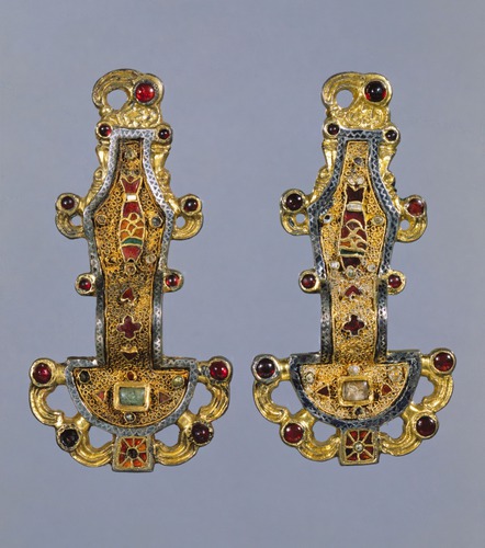 <p>Early medieval Europe. Mid-sixth century C.E. Silver gilt worked in filigree, with inlays of garnets and other stones.</p>