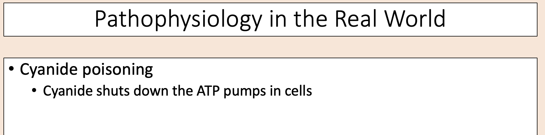 <p><span><span>Cyanide shuts down the ATP pumps in cells. </span></span></p>