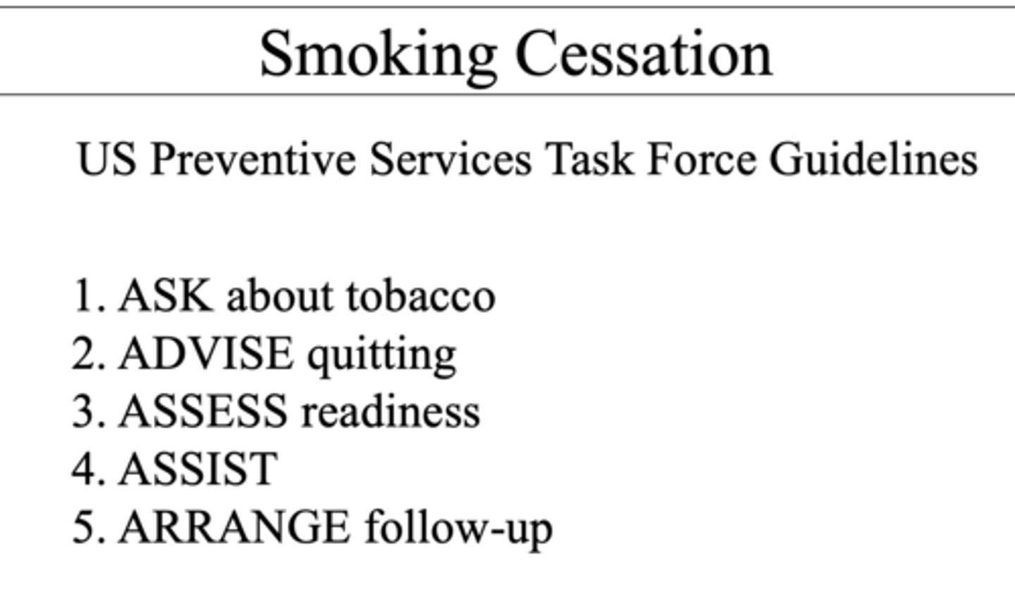 <p>1. ASK about tobacco</p><p>2. ADVISE quitting</p><p>3. ASSESS readiness</p><p>4. ASSIST</p><p>5. ARRANGE follow-up</p>