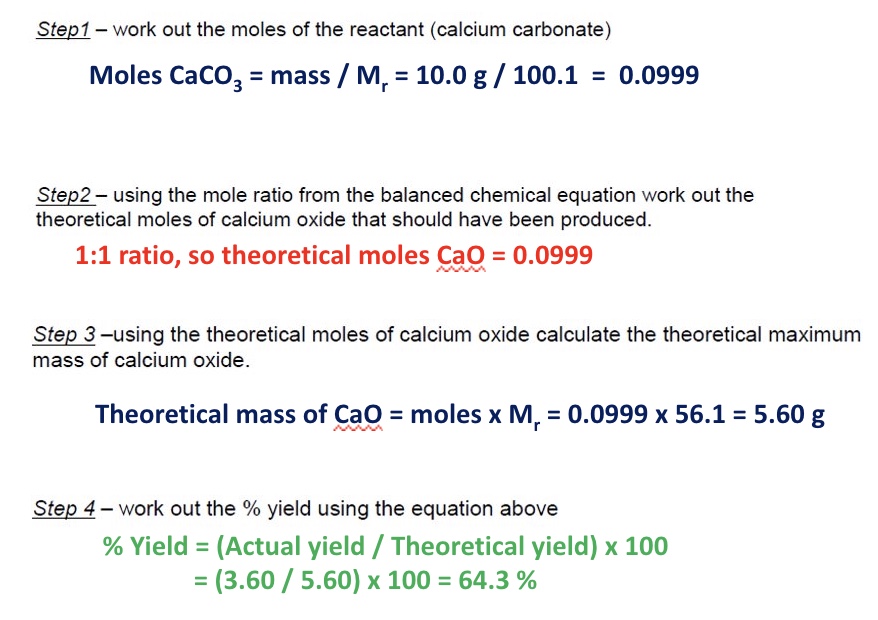 <ul><li><p>work out theoretical mass</p></li><li><p>substitute values into equation</p></li></ul><p>→ answer = 64.3%</p>