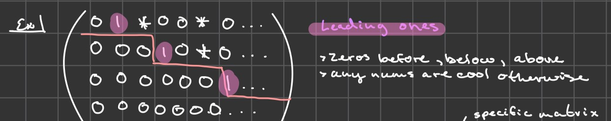 <ol><li><p>Any non-zero row comes before all zero rows</p></li><li><p>Any non-zero row has first entry 1, and zeros above and below leading 1</p></li><li><p>leading ones must stagger to the right, creating stair step</p></li></ol><p></p>
