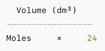 <p>volume = moles x 24</p><p>TRIANGLE → </p>