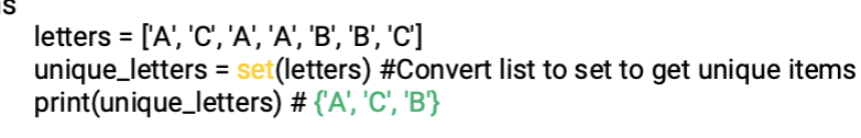 <p>A set is a collection of unique items that are unordered and unindexed. You cannot access elements using an index number. Inside curly brackets.&nbsp;</p>