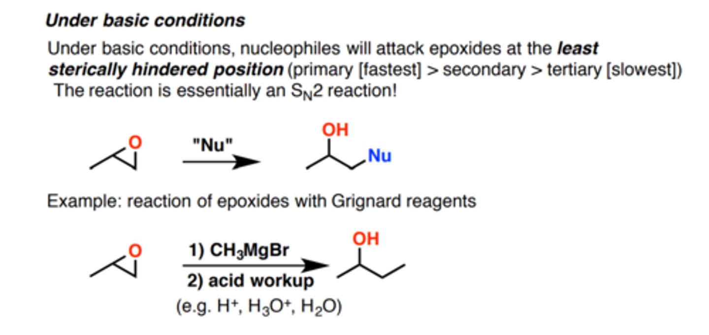 <p>the least sterically hindered position (least substituted carbon)</p>