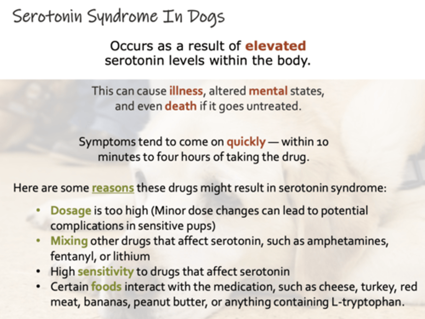 <p>a result of elevated serotonin levels in the body</p><p>clinically, it presents as hyperthermia,</p><p>agitation, ataxia, hypertension, convulsions and</p><p>coma. it can even result in death if untreated.</p><p>the symptoms tend to appear quickly- within 10 min to 4 hours of taking the drug</p><p>this can be caused by high doses, mixing drugs that effect serotonin, high sensitivity to the drugs, and interaction with certain foods (cheese, turkey, red meat, bananas, peanut butter, anything with L-tryptophan)</p>