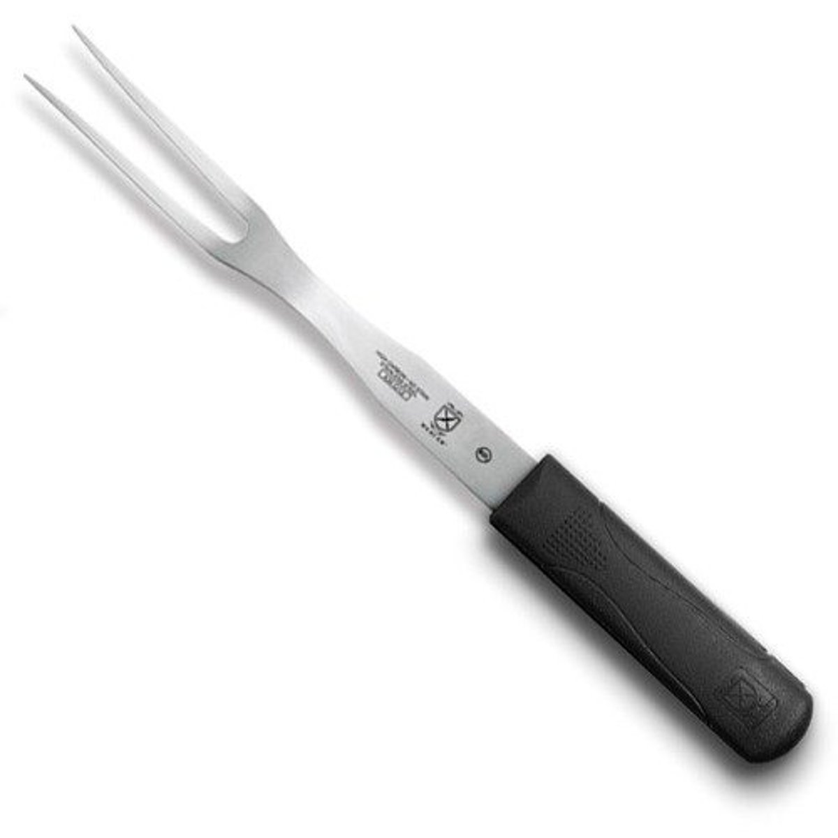 <p>A fork with two long, pointed tines used to test the doneness of braised meat and vegetables, to lift items to the plate, and to steady an item being cut.</p>