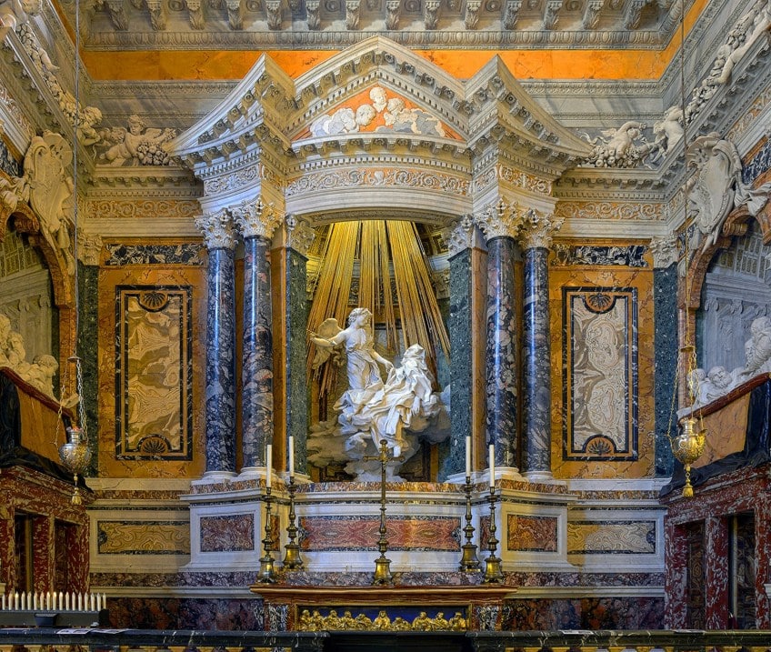 <p>smaller room within bigger church </p><p>dedicated to st theresa and her visions </p><p>theater boxes carved on the sides, contemplating, like a drama, encouraged to think of spiritual experiences and lives of christ - some discussing with each others look at St, Theresa </p>