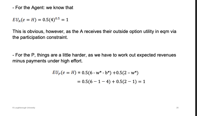 <p>Agent will get 1, the outside option utility</p><p>P will get the average of S/U which equals expected payoff of 1.</p>
